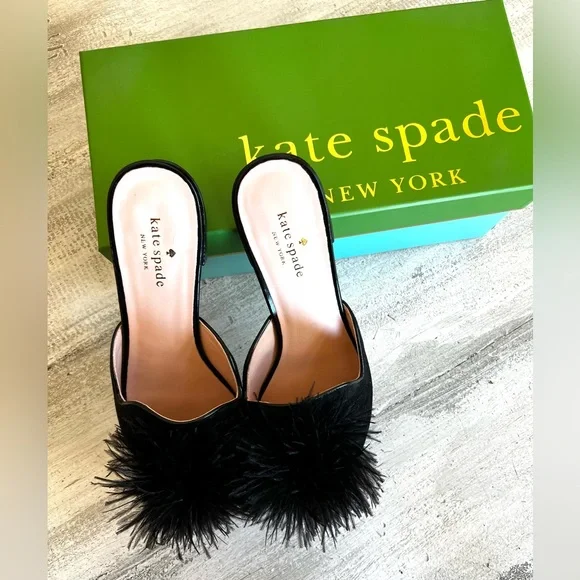 🎉Kate Spade NEW! Gala Slide/Mules in Black Kid Suede & Fun Feather Pom Pom SZ 9 - Picture 3 of 7
